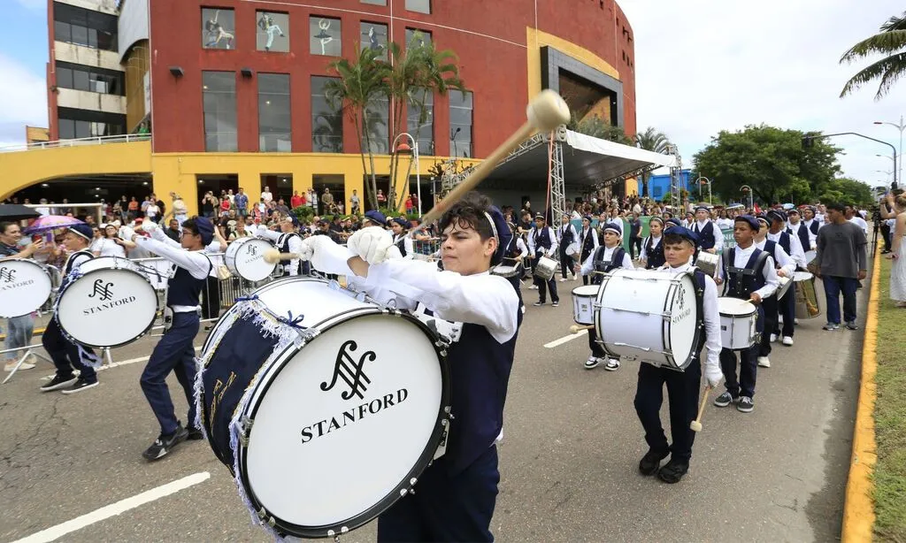 Imagem de uma banda desfilando na avenida