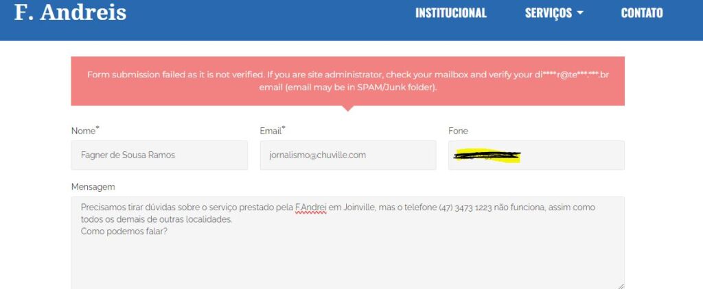 Falha em formulário de contato F Andreis