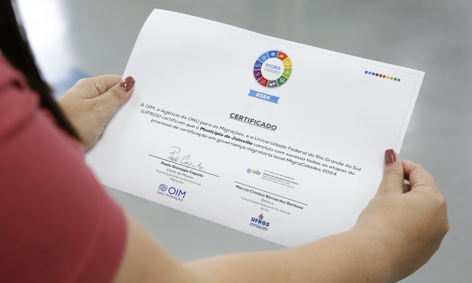 Certificado do MigraCidades recebido por Joinville - Foto Divulgação