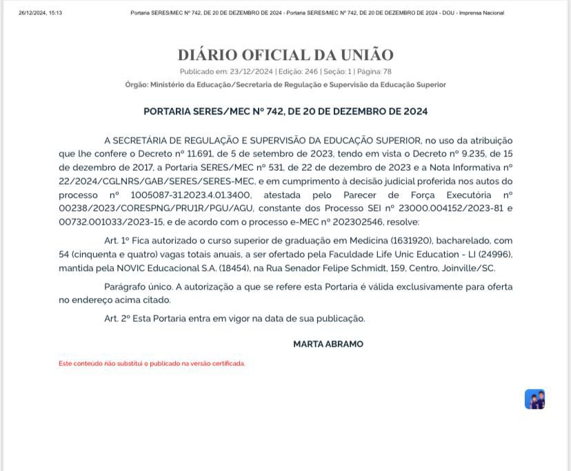 Pedido no Diário Oficial da União - Divulgado pela Life Unic